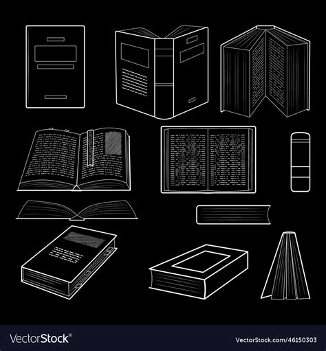 Book set white outline black background Royalty Free Vector