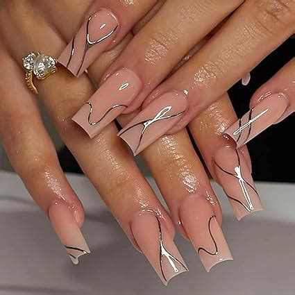 Amazon Ruokexin Long Press On Nails Square Fake Nails Nude False Nails With Silver Lines
