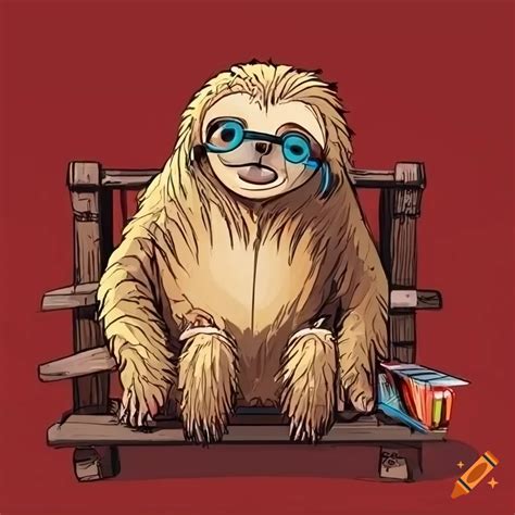 Wise Old Sloth With Glasses Sitting On A Bench In A Comic Book