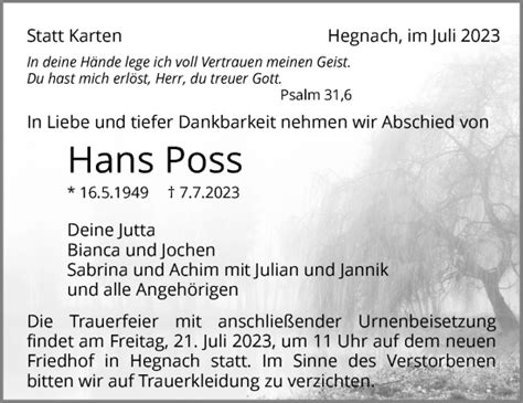 Traueranzeigen Von Hans Poss ZVW Trauer