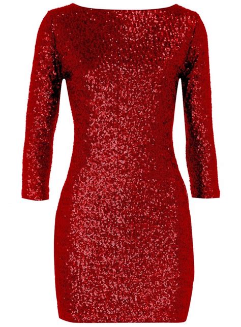 Crushed Red 34 Sleeve Sequin Dress Red Glitter Dress Sequin Dress Long Sleeve Designer Dresses