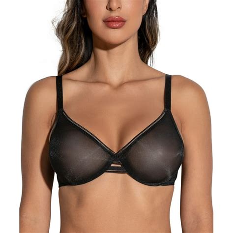 Deyllo Womens Sheer Mesh Lace Unlined Underwire Bra Sexy See Through Demi Braletteblack 34ddd