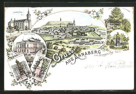 Lithographie Annaberg Im Erzgebirge Hauptkirche Stadt Theater Luther