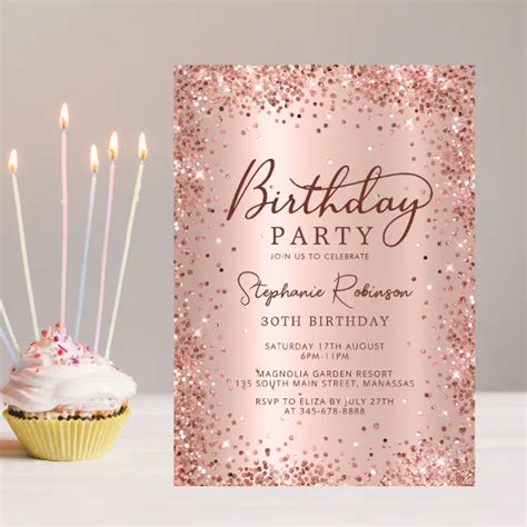 Elegant Rose Gold Metallic Glitter 30th Birthday Invitation Zazzle