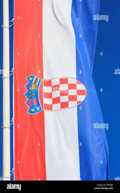 Close Up Of The National Flag Or Tricolour Trobojnica Of Croatia In