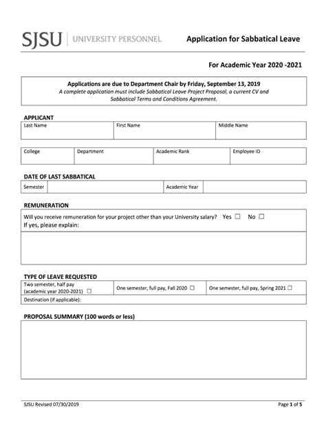 Fillable Online Sabbatical Application For Academic Year Fax