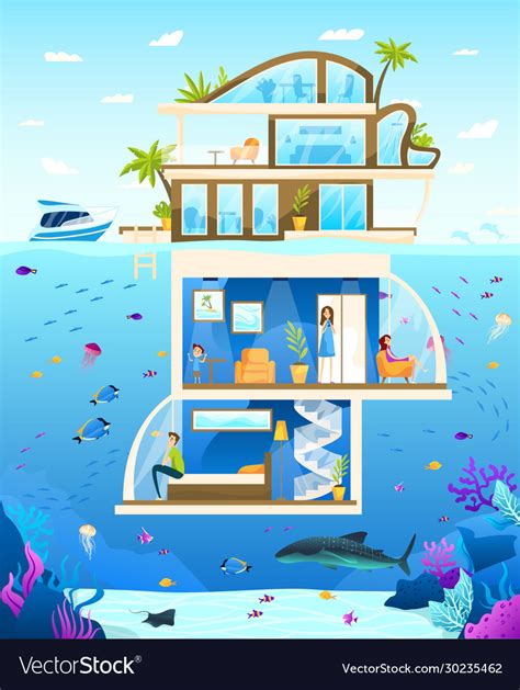 Underwater hotel family enjoy unusual luxury Vector Image