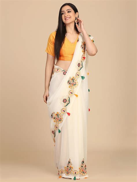 Buy Shaily Cream Coloured Yellow Floral Embroidered Pure Georgette