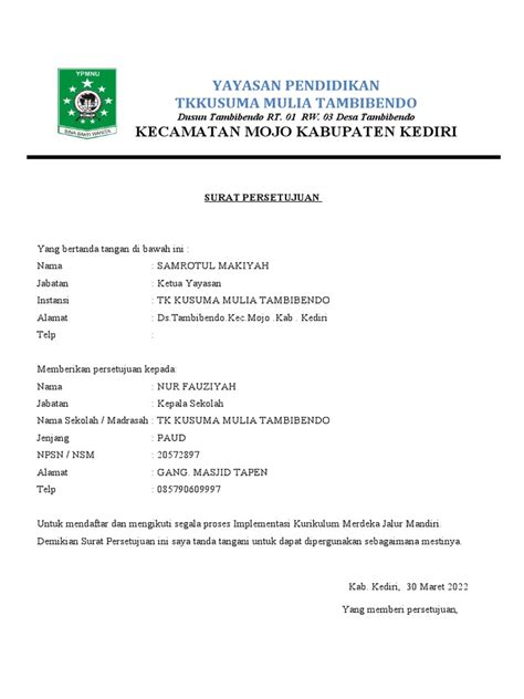 Surat Persetujuan Kurikulum Merdeka Tk Km Bendo Pdf