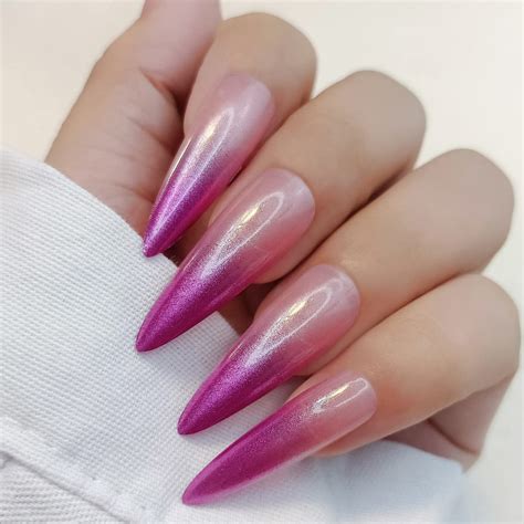 JUSTOTRY 24 Stück Chrome Stiletto Nägel Zum Aufkleben Lang Hot Pink French Künstliche Nägel