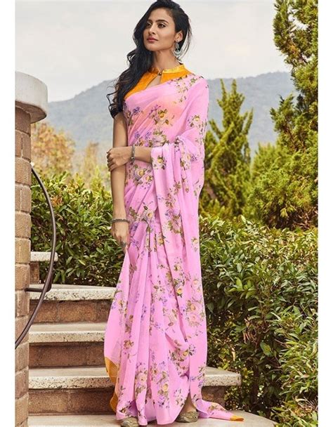 Pink Linen Floral Print Saree In Floral Print Sarees Linen