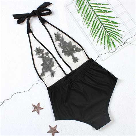 Buy Suki Women Sexys One Piece Bikini Rose Embroidery Patchwork Mesh Swimwear At Affordable