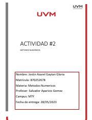 ACT 2 JAGG Pdf ACTIVIDAD 2 METODOS NUMERICOS Nombre Jostin Azarel