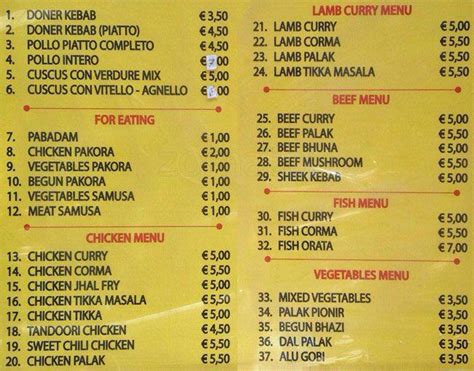 Menu at South Indian Restaurant, Rome