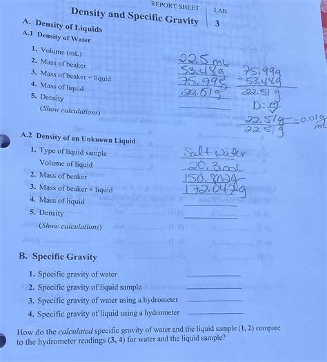 Report Sheet Lab Density And Specific Gravity A Density Of