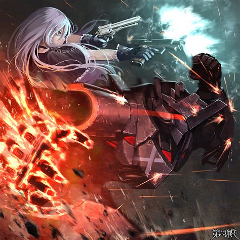 Safebooru 1girl 1other Aiming Armor Black Background Black Capelet