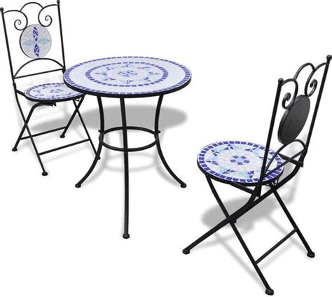 Bistrotafel met 2 stoelen 60 cm mozaïek blauw wit incl Fleecedeken