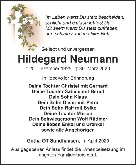 Traueranzeigen Von Hildegard Neumann Trauer In Thueringen De