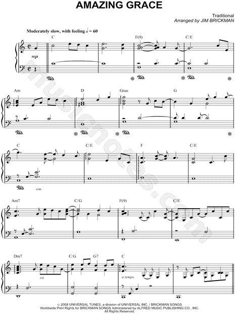 Jim Brickman Amazing Grace Sheet Music Piano Solo In C Major Transposable Download