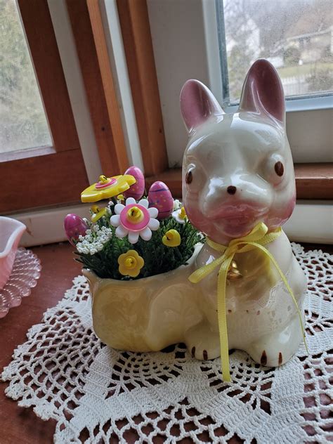 Vintage Bunny Planter With Buttons Etsy