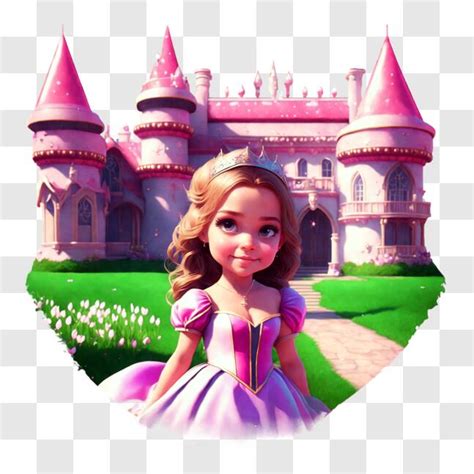 Download Cartoon Princess In Pink Dress Standing In Front Of Castle Png