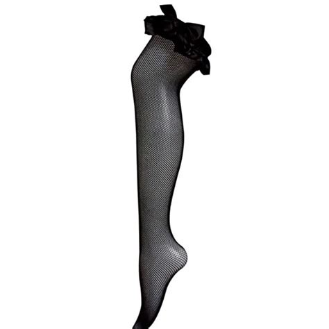 Hot Sexy Women Black Thigh High Fishnet Stockings With Bow Elastic Soft Cotton Over Knee