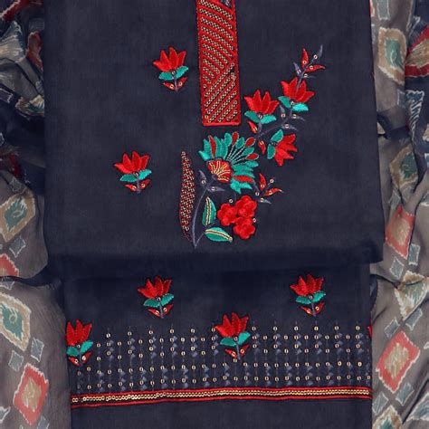 Navy Blue Floral Embroidered Pure Cotton Dress Material