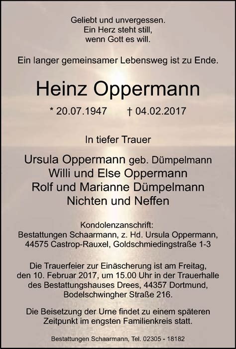 Traueranzeigen Von Heinz Oppermann Trauer In NRW De