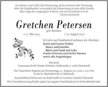 Traueranzeigen Von Gretchen Petersen Sh Z Trauer