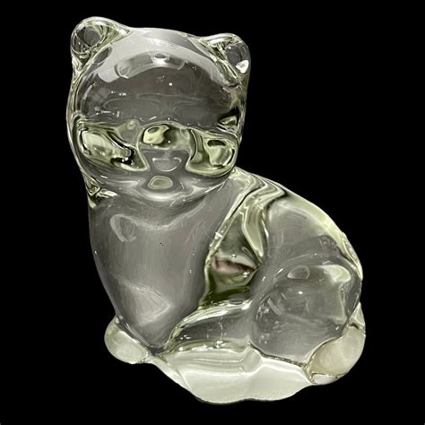 Vintage 1980s Clear Glass Kitten Cat Paperweight Action International Small Glass Figurine Hand