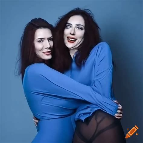 Two Women In Connected Blue Shirt Creating An Illusion Of A Two Headed