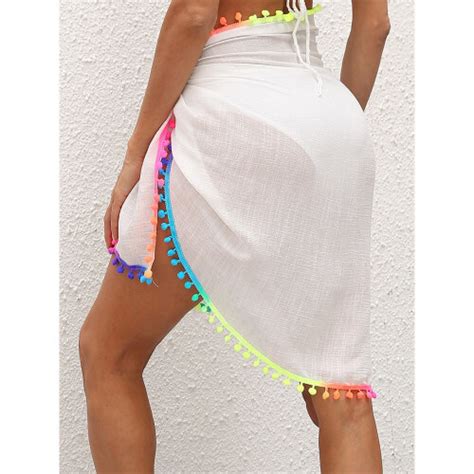 Women S Beach Sarongs Sexy Sheer Mesh Swimsuit Wrap Skirt Bikini Cover Up With Colorful Pompom