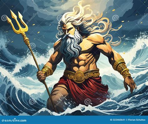 Giant Poseidon Coming Out Of The Stormy Sea Greek Mythological God