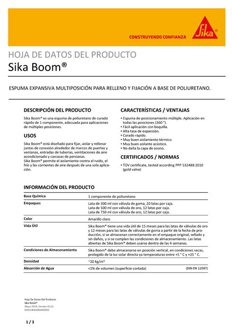 Ficha Tecnica Sika Boom Hoja De Datos Del Producto Sika Boom