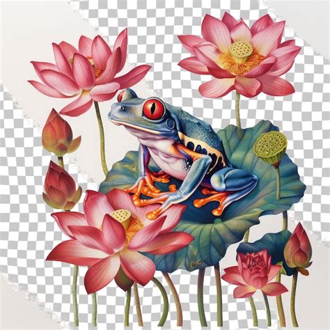 Premium Psd A Frog Sits On A Flower With Lotus Flowers In The Background