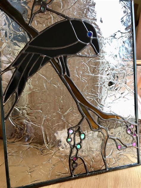 Raven Stained Glass Tree With Red Berries Suncatcher Panel Etsy Stained Glass Stained Glass