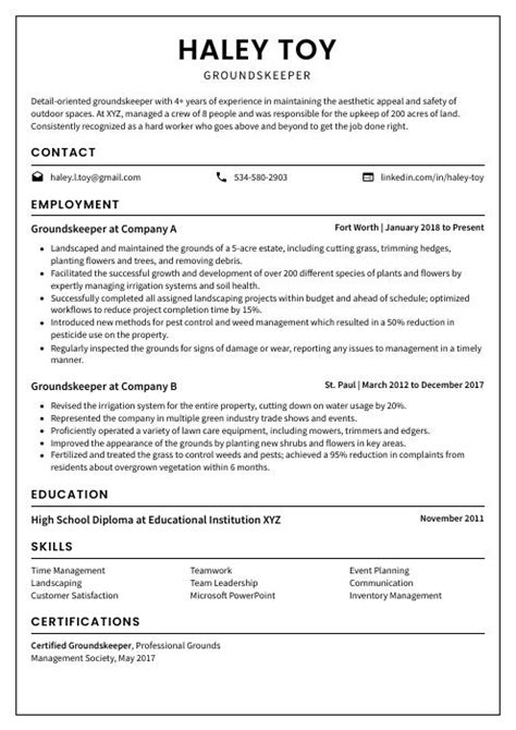 Groundskeeper Resume (CV) Example and Writing Guide