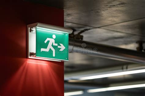 Emergency Exit Sign on Red Wall with Illuminated Green Figure, Pointing ...