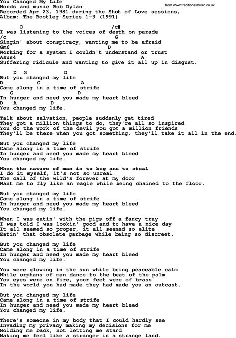 Bob Dylan song - You Changed My Life, lyrics and chords