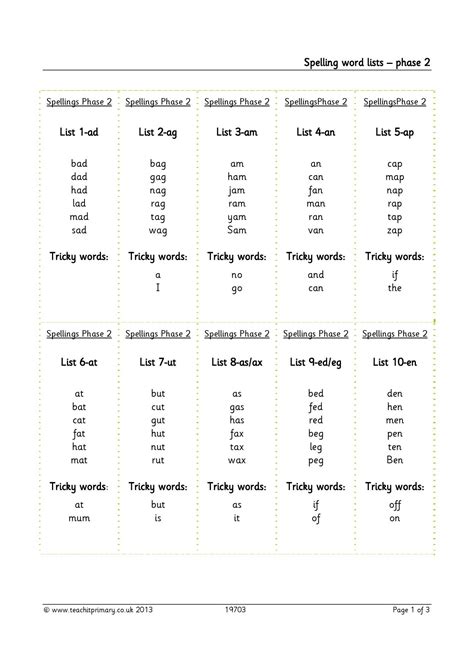 Spelling Word Lists Phase 2 Phonics EYFS Teachit