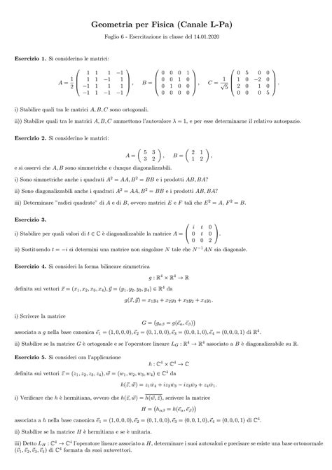 Esercitazione 6 Del Corso Di Geometria Per Fisici Geometria Per