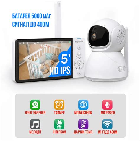 Видеоняня Baby Monitor с 5-дюймовым IPS экраном и аккумулятором 5000 ...
