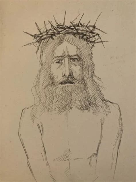 VERY NICE DRAWING Antique Ink Christ Jesus Crown Thorn Art Xixth To