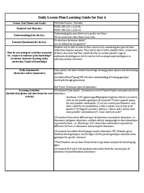 Classroom Observation Lesson Plan Grade 2