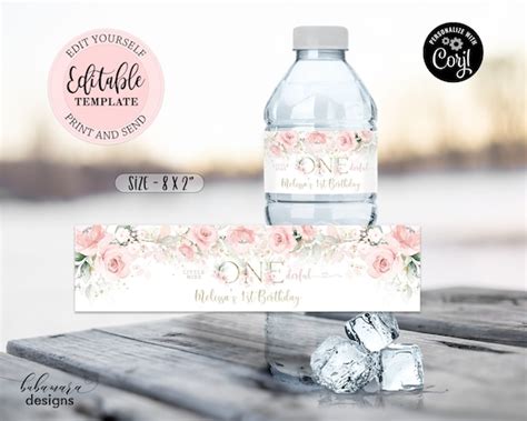 Blush Pink Floral Onederful Water Bottle Label Editable Pink Gold Water Bottle Label Template