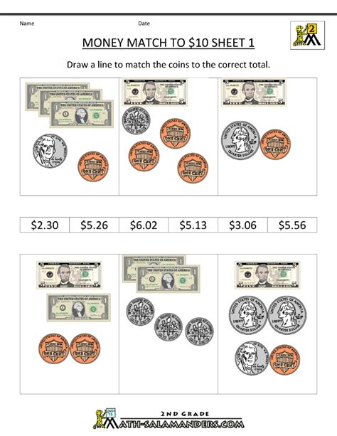 Money Worksheets Match To 10 Dollars Money Worksheets Money Math Money Math Worksheets