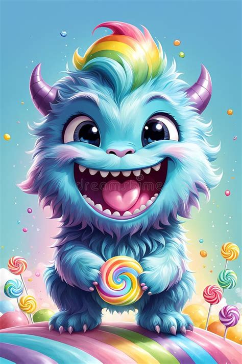 A Cute Baby Monster in a Candy Land, Holding a Rainbow Candy in His ...