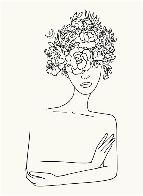 Woman With Floral Head Minimal Line Art Drawing By Maria Heyens