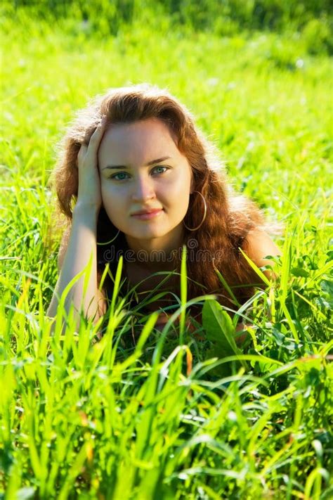 Brunette Model Laying In Meadow Stock Photo Image Of Beautiful Cheerful 16848834