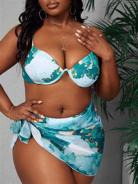 Plus Marble Print Push Up Bikini Swimsuit With Beach Skirt Shein Usa